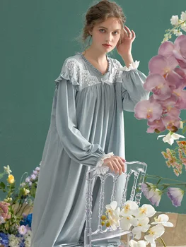 Derliaus Medvilnės Royal Princess Nnightgowns Lady Vientisos Spalvos Ilgomis Rankovėmis Nėrinių Sleepwear Pavasarį, Rudenį, Prarasti Atostogų Suknelė