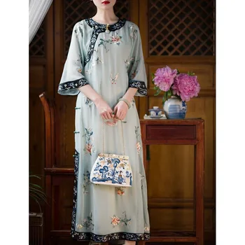 Etninio Stiliaus Ilgai Cheongsam Moterų Kinų Suknelė Hanfu Tradicinis Apdaras Orientale Vestido Chino Mujer Didelio Dydžio Derliaus Qipao