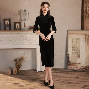 Tradicinis Rankų Darbo Mygtukai Septynių Taškų Rankovės Juodas Veliūras Qipao Mandarinų Apykaklės Cheongsam Kinijos Moterų Suknelė