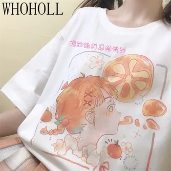 WHOHOLL Vasarą Moterys Harajuku T-shirt Cute Girl Saldus Animacinių filmų Spausdinti Mergina JK Studentų Medvilnės trumpomis Rankovėmis T-shirt Viršuje Tee